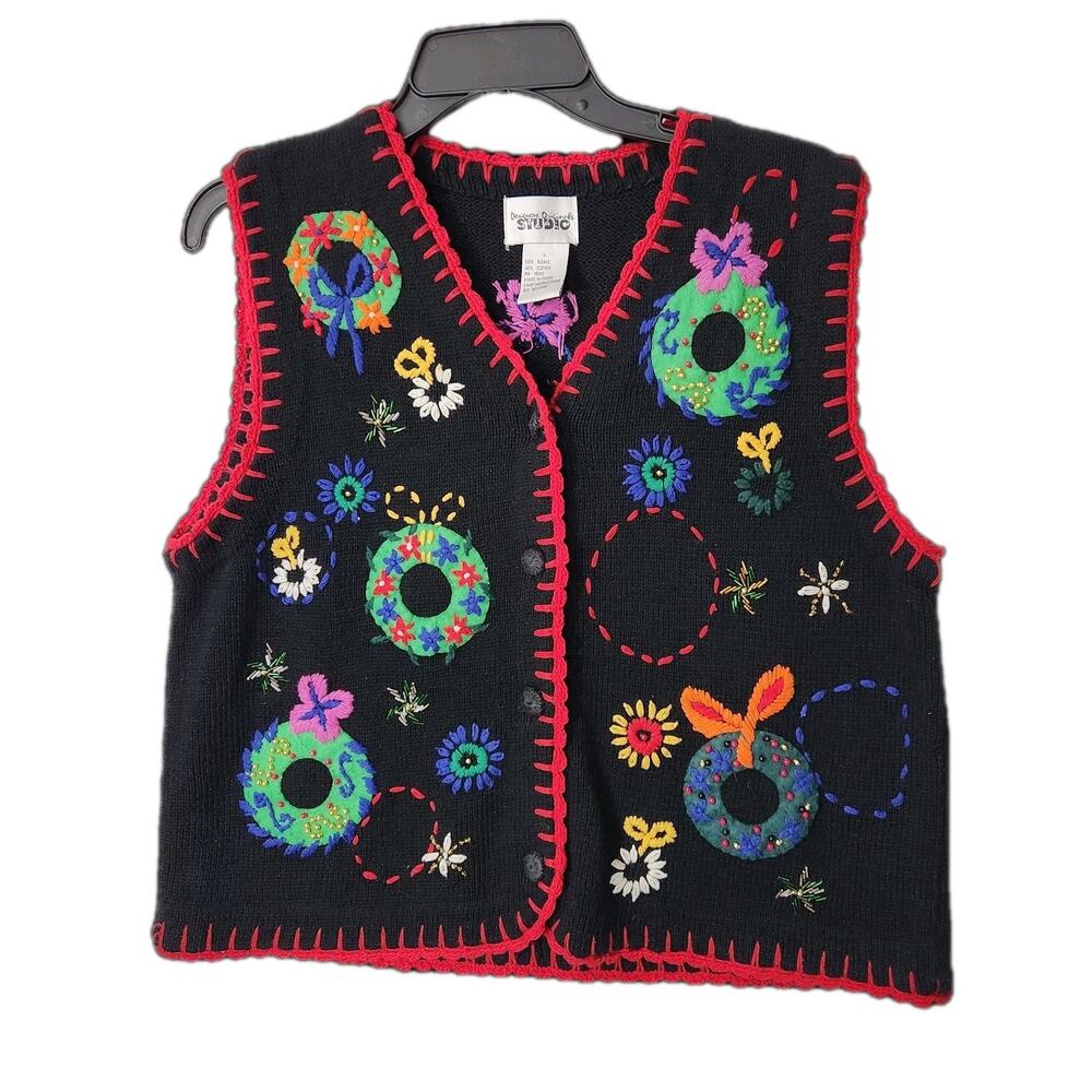 VTG 90s Christmas Sweater Vest Wreath Ugly Party Grandma Teacher Artsy Y2K LG